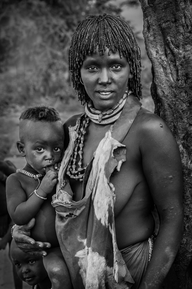 Commended in Mono Print - Mother And Son From Hamer Tribe by Mary Kirkby